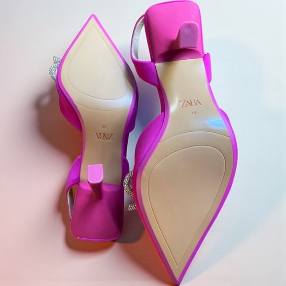Zara jewel rhinestone bow slingbacks Kitten heel shoes sz 39/ US 8 NWOB Fuchsia - Picture 5 of 5